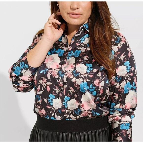 Torrid Madison Shirt Womens Size 1 1X Satin Button Up Blouse Long Sleeve Floral - Picture 1 of 9
